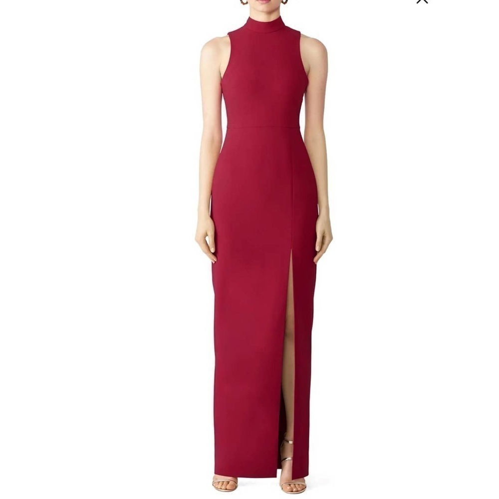 Likely red teigan gown midi sleeveless height neck open back burgundy dress